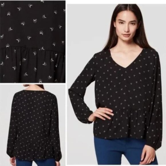 Loft Moon Crescent Peplum Black Blouse Small - Picture 1 of 5
